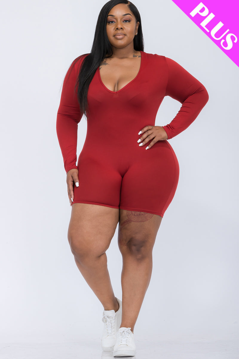 Plus Size V-Neck Long Sleeve Bodycon Romper-9