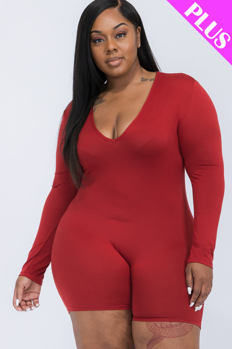 Plus Size V-Neck Long Sleeve Bodycon Romper-5