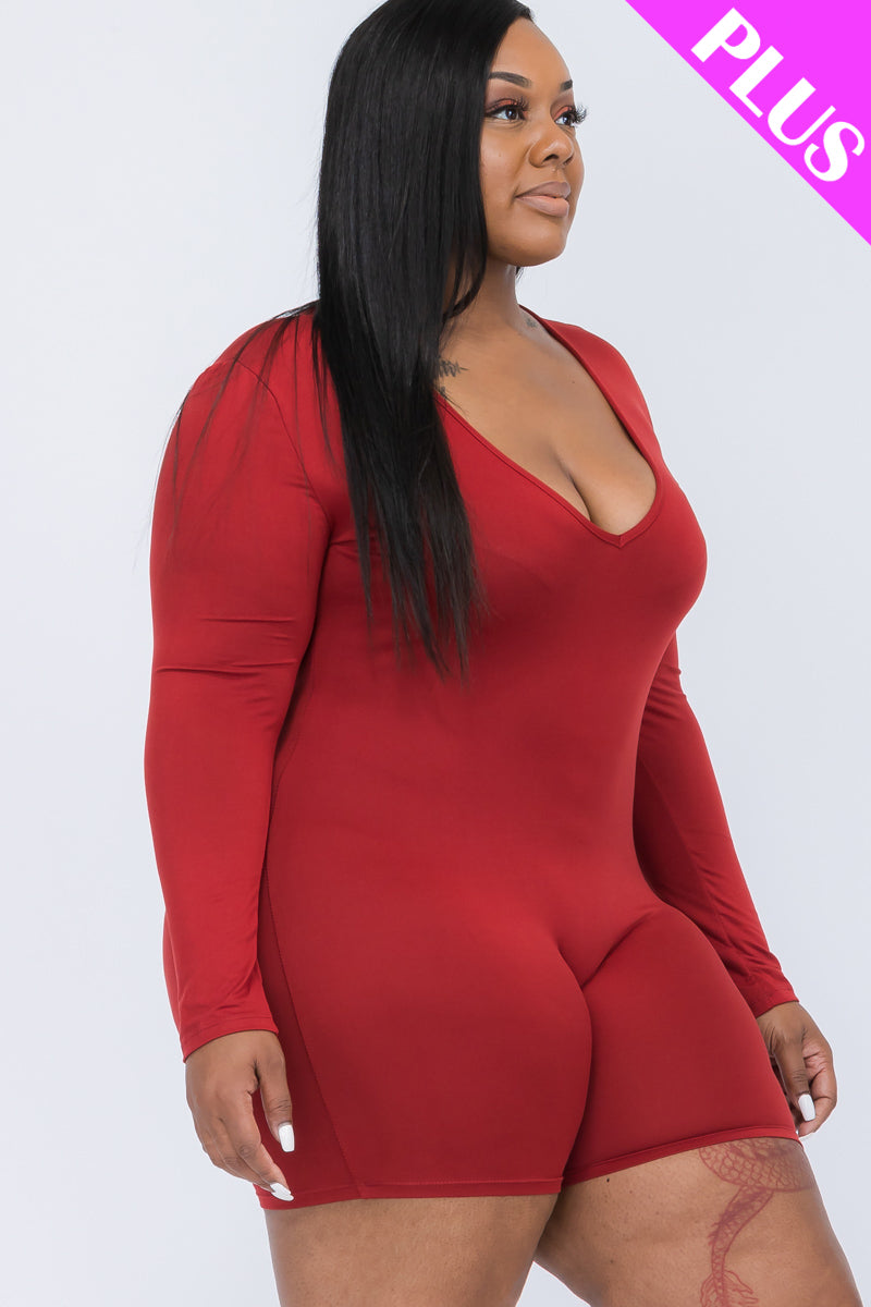 Plus Size V-Neck Long Sleeve Bodycon Romper-6