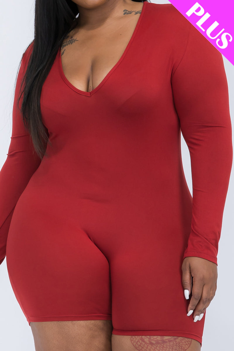 Plus Size V-Neck Long Sleeve Bodycon Romper-8