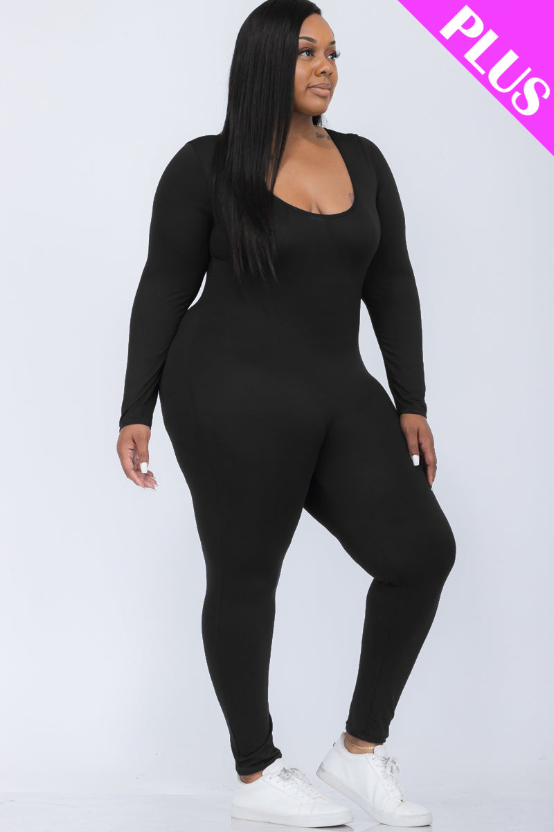 Plus Size Scoop Neck Long Sleeve Bodycon Jumpsuit-27