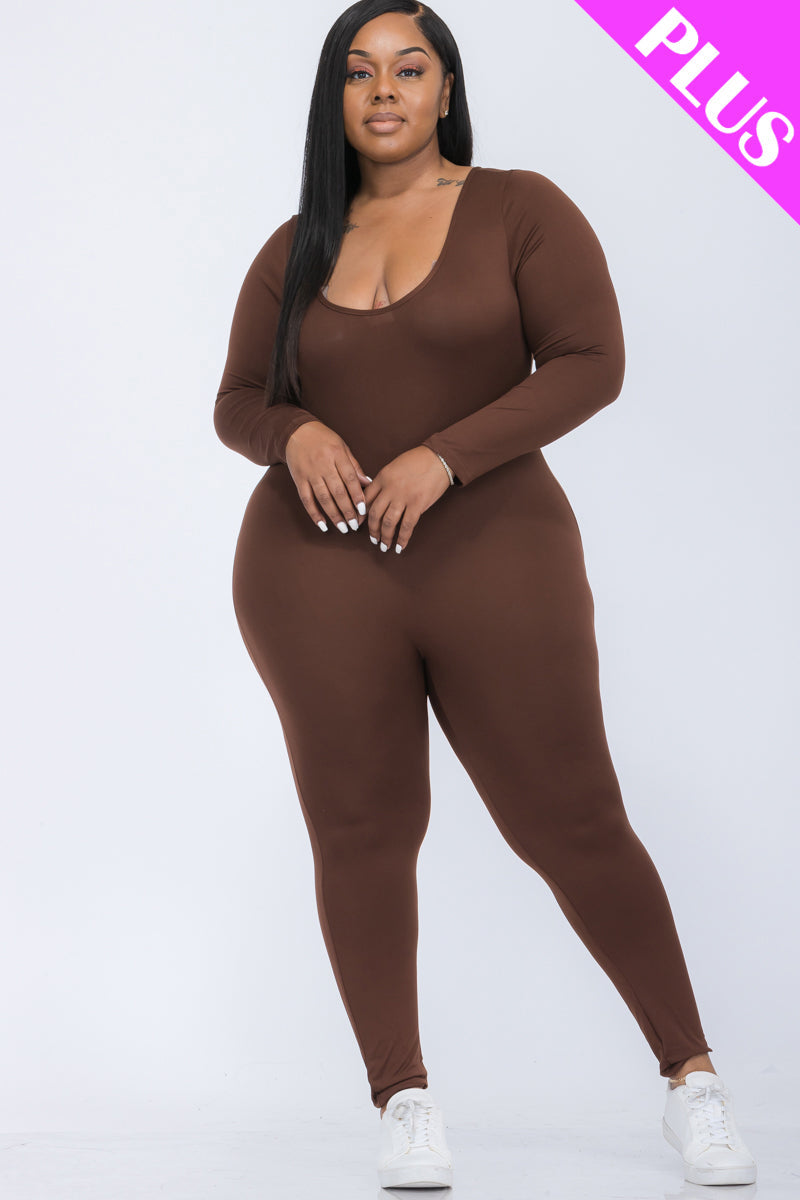 Plus Size Scoop Neck Long Sleeve Bodycon Jumpsuit-35