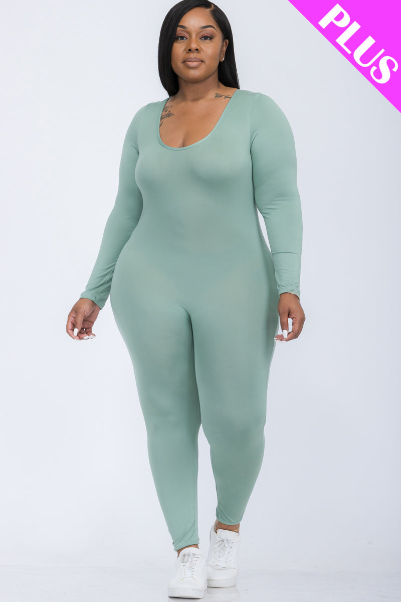 Plus Size Scoop Neck Long Sleeve Bodycon Jumpsuit-40