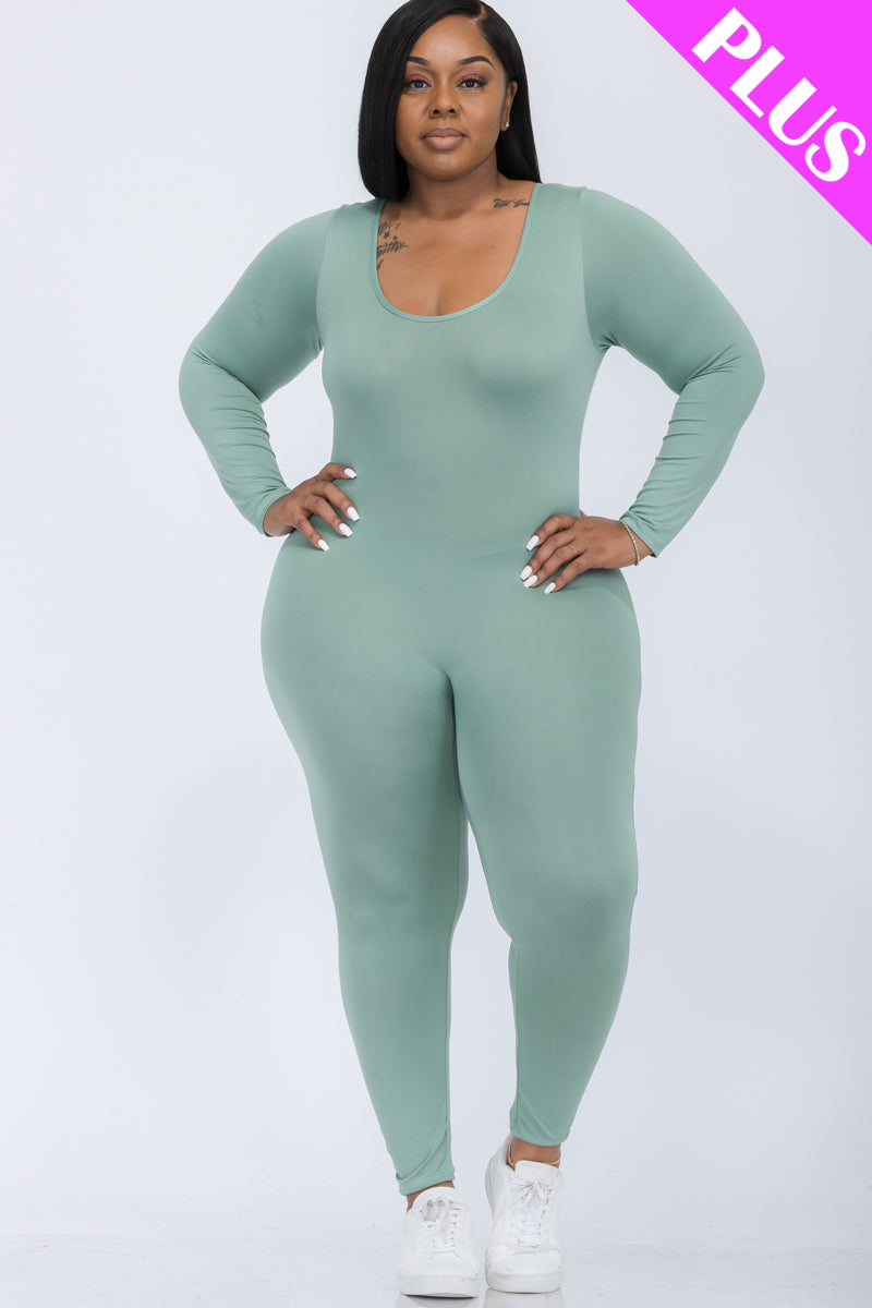 Plus Size Scoop Neck Long Sleeve Bodycon Jumpsuit-36