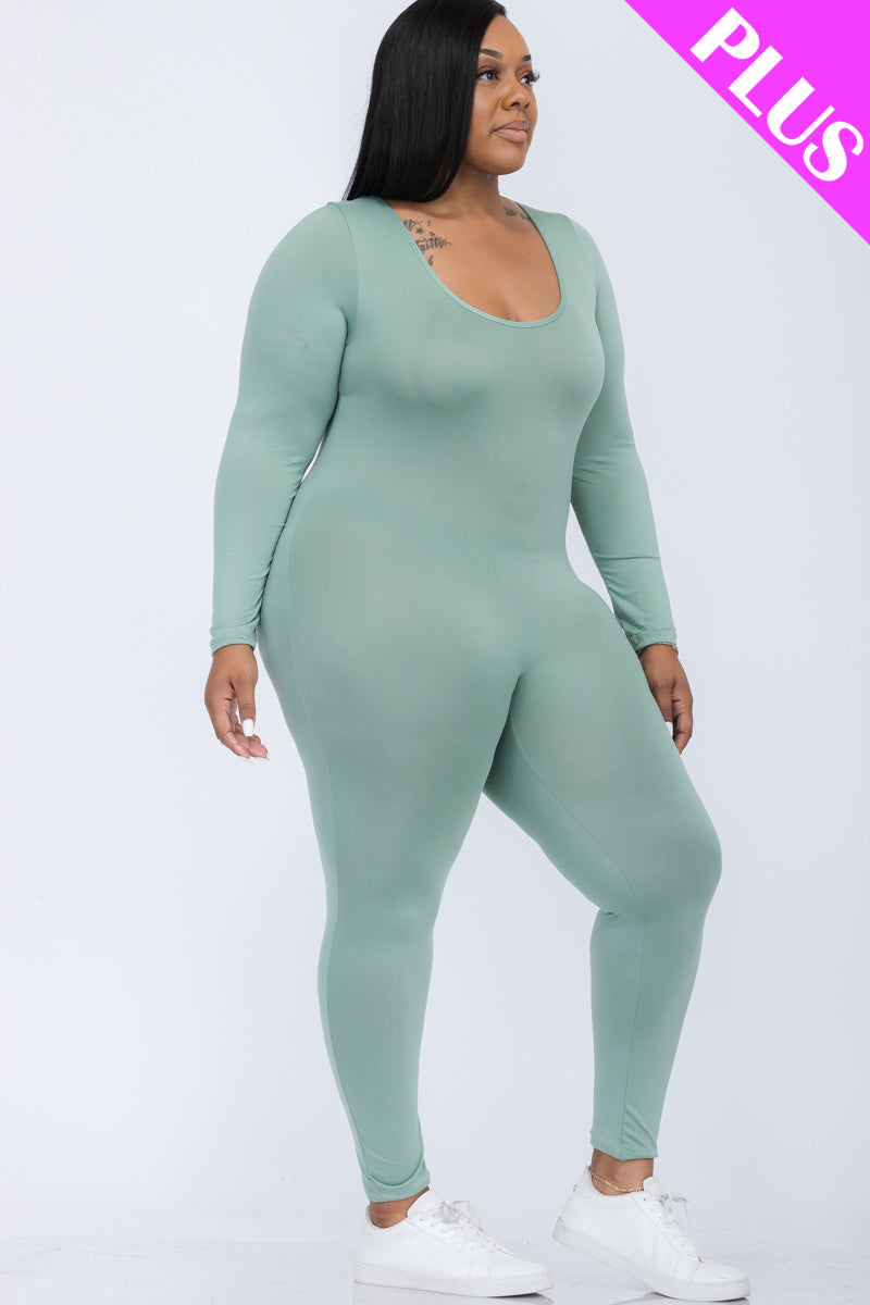 Plus Size Scoop Neck Long Sleeve Bodycon Jumpsuit-37