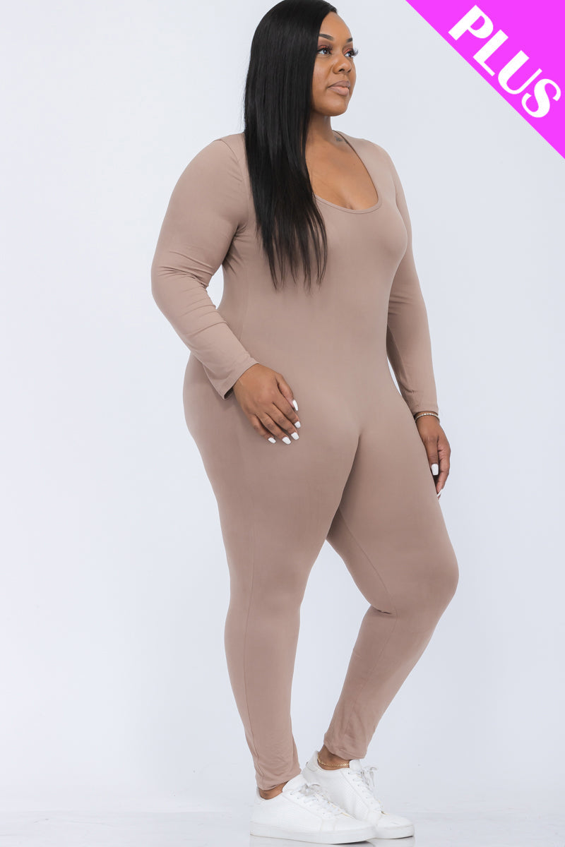 Plus Size Scoop Neck Long Sleeve Bodycon Jumpsuit-12