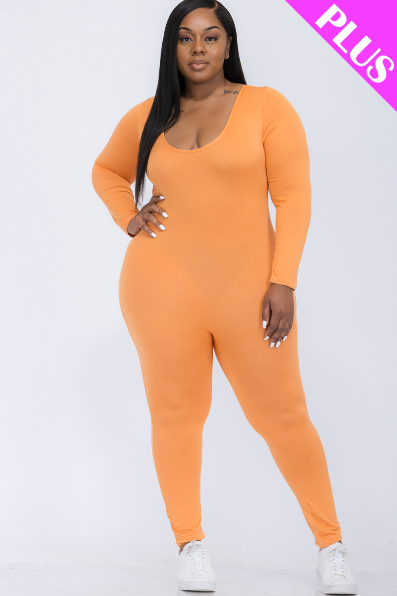 Plus Size Scoop Neck Long Sleeve Bodycon Jumpsuit-16