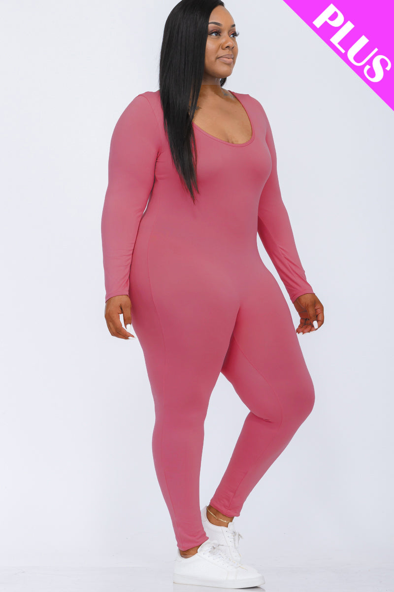 Plus Size Scoop Neck Long Sleeve Bodycon Jumpsuit-7