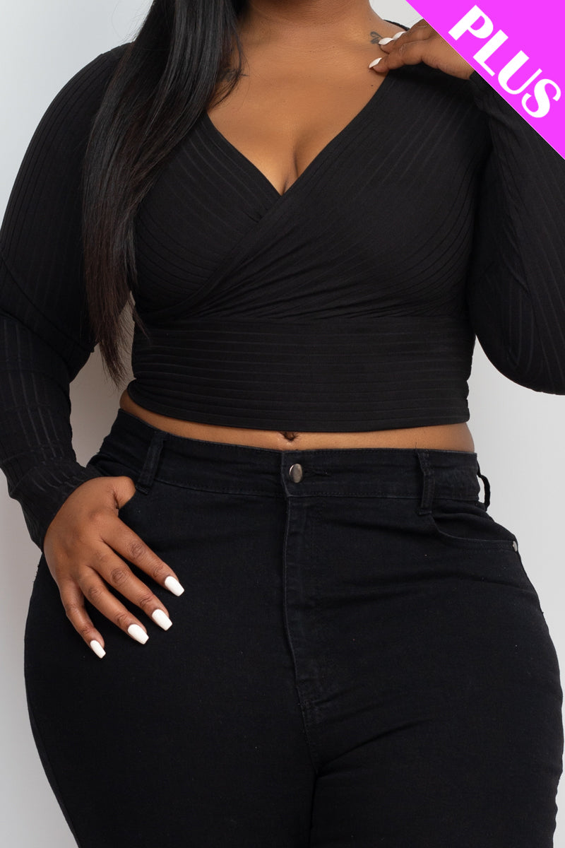 Plus Size Ribbed Wrap Front Long Sleeve Top (CAPELLA)-48
