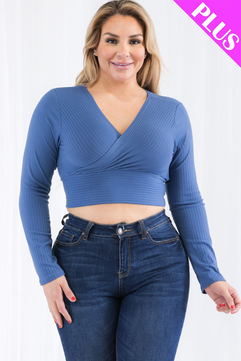Plus Size Ribbed Wrap Front Long Sleeve Top (CAPELLA)-20