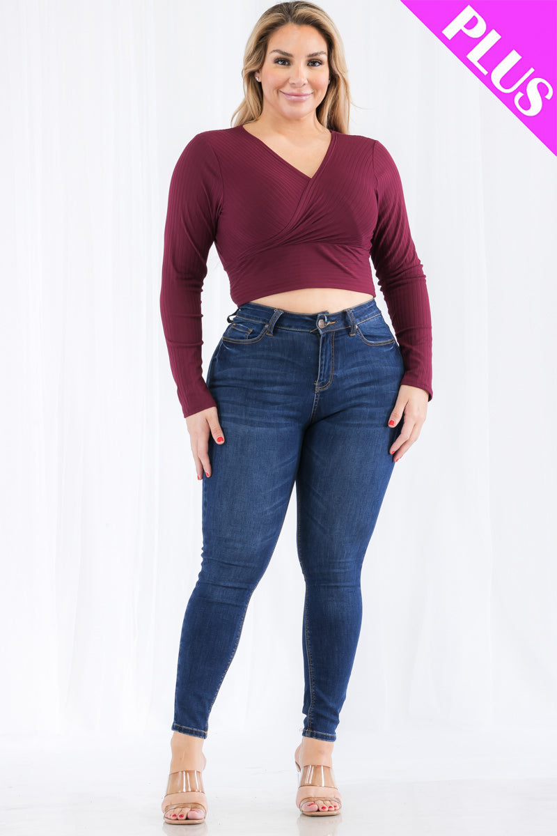 Plus Size Ribbed Wrap Front Long Sleeve Top (CAPELLA)-29
