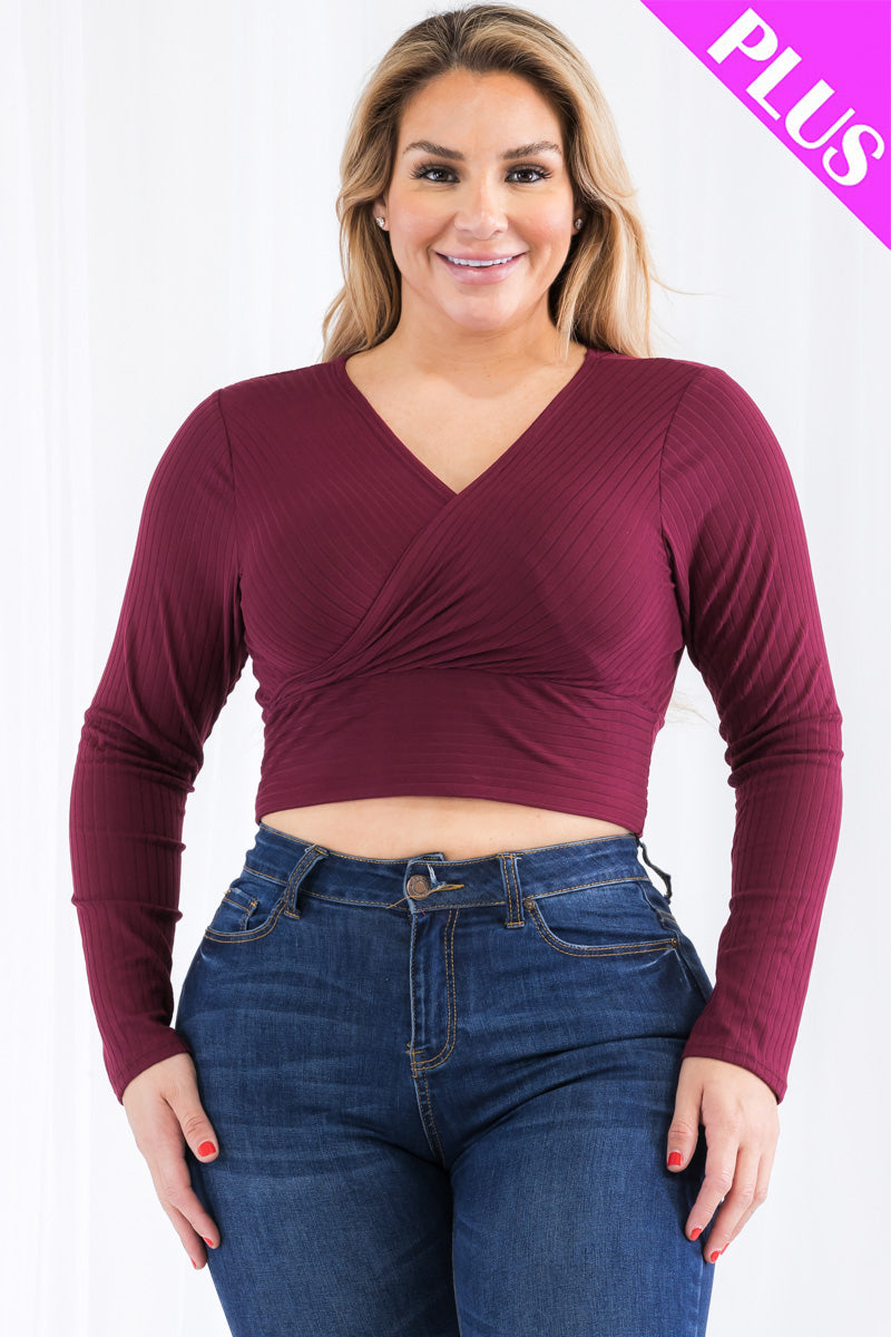 Plus Size Ribbed Wrap Front Long Sleeve Top (CAPELLA)-25
