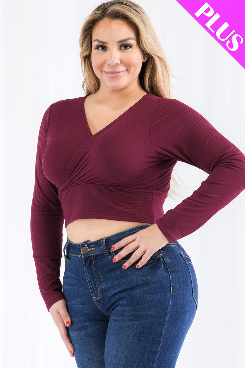 Plus Size Ribbed Wrap Front Long Sleeve Top (CAPELLA)-26