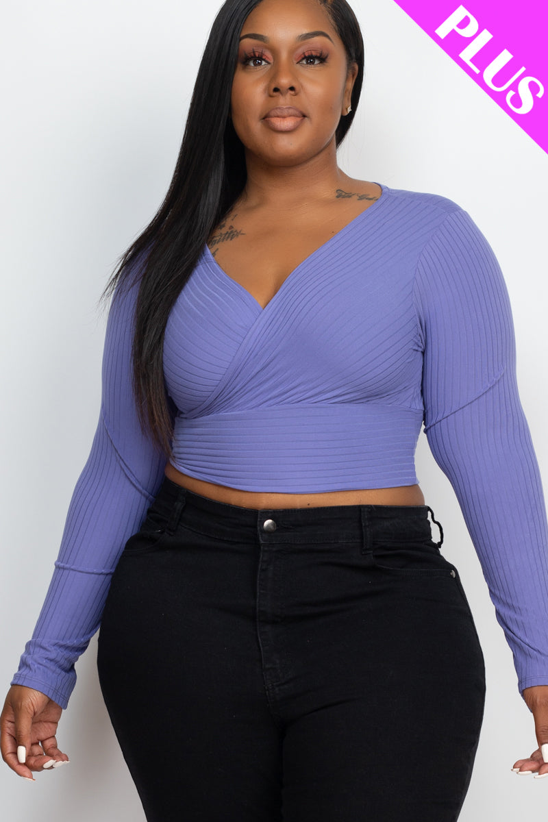 Plus Size Ribbed Wrap Front Long Sleeve Top (CAPELLA)-30
