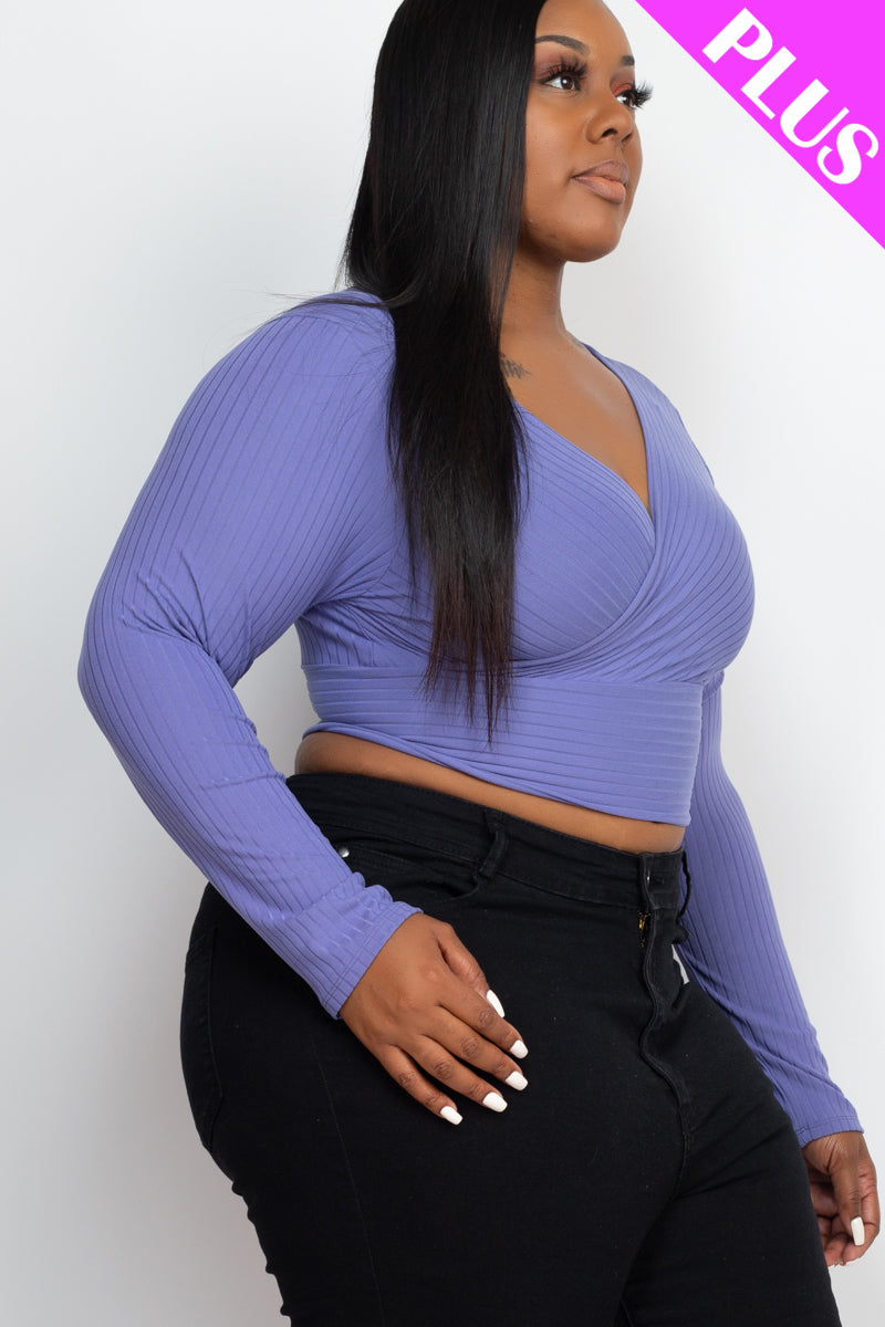 Plus Size Ribbed Wrap Front Long Sleeve Top (CAPELLA)-31