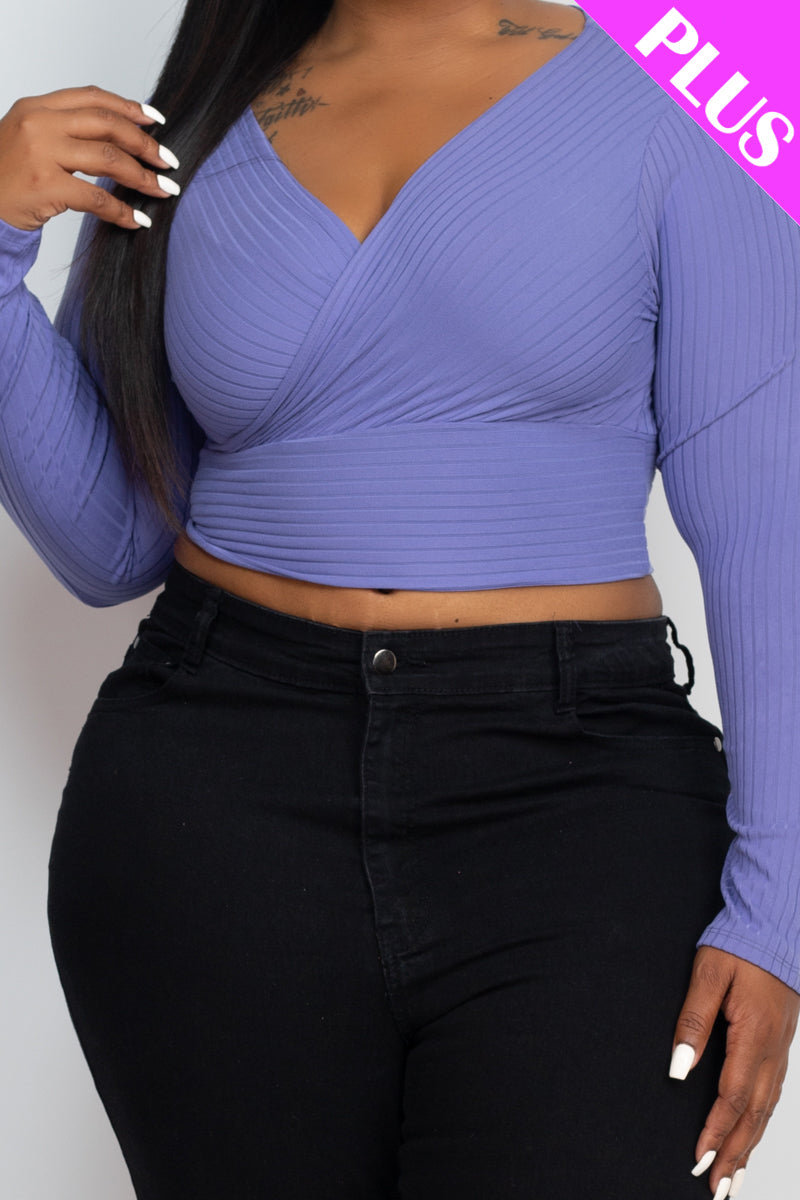 Plus Size Ribbed Wrap Front Long Sleeve Top (CAPELLA)-33