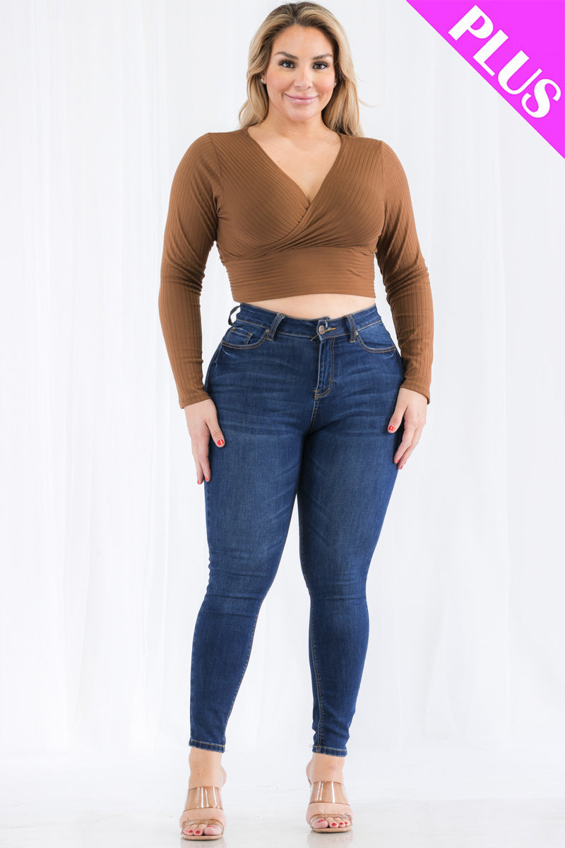 Plus Size Ribbed Wrap Front Long Sleeve Top (CAPELLA)-39