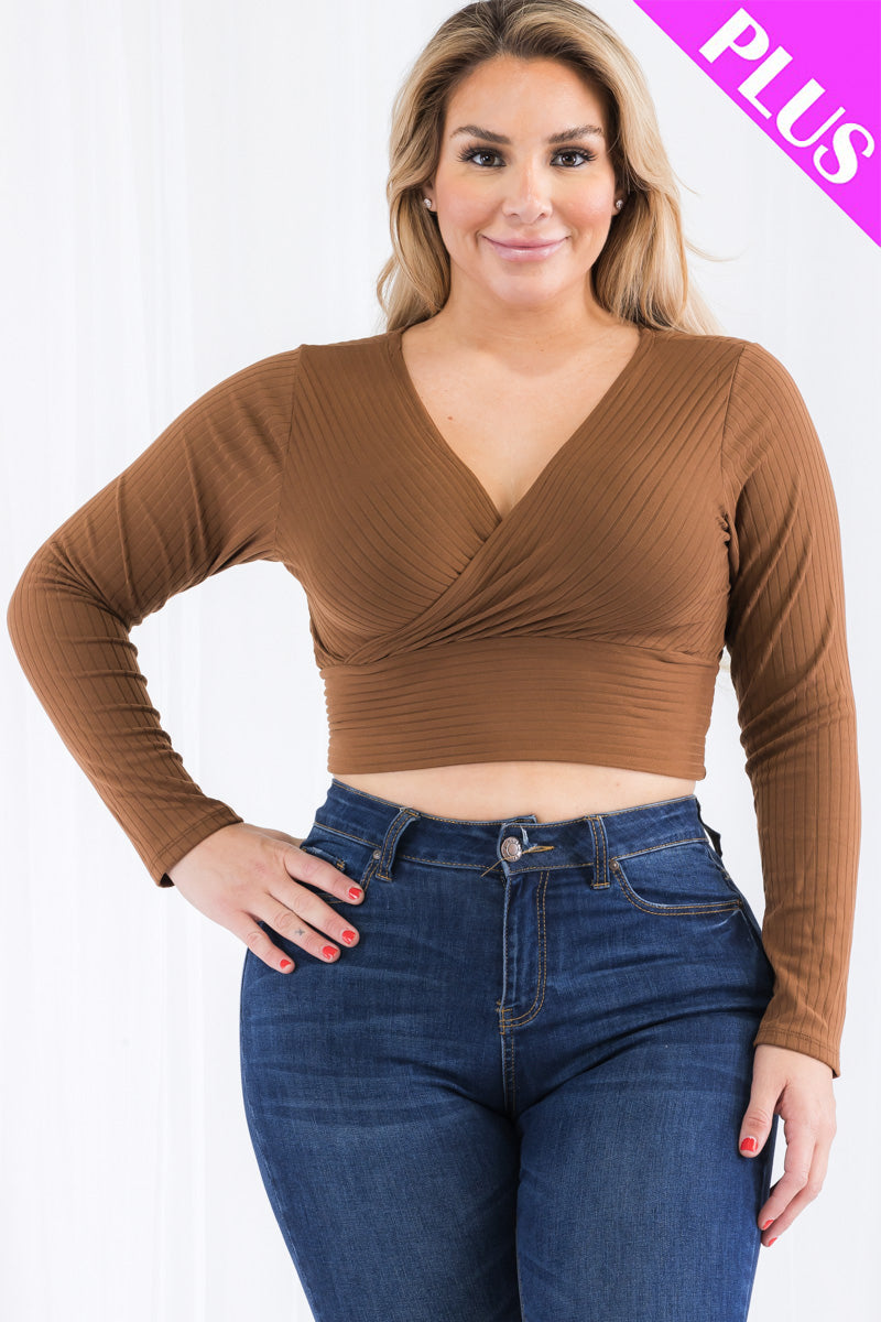 Plus Size Ribbed Wrap Front Long Sleeve Top (CAPELLA)-35