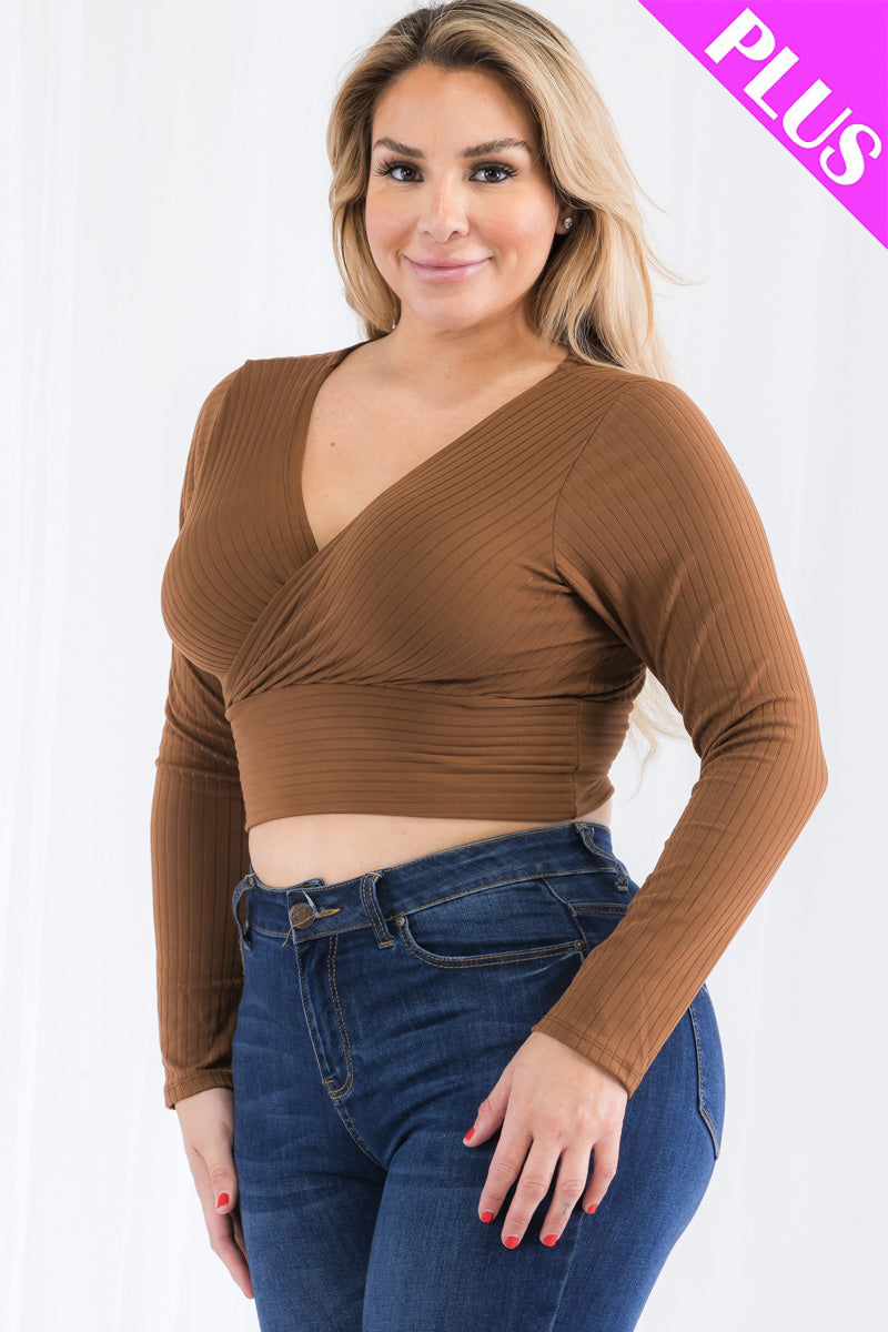 Plus Size Ribbed Wrap Front Long Sleeve Top (CAPELLA)-36