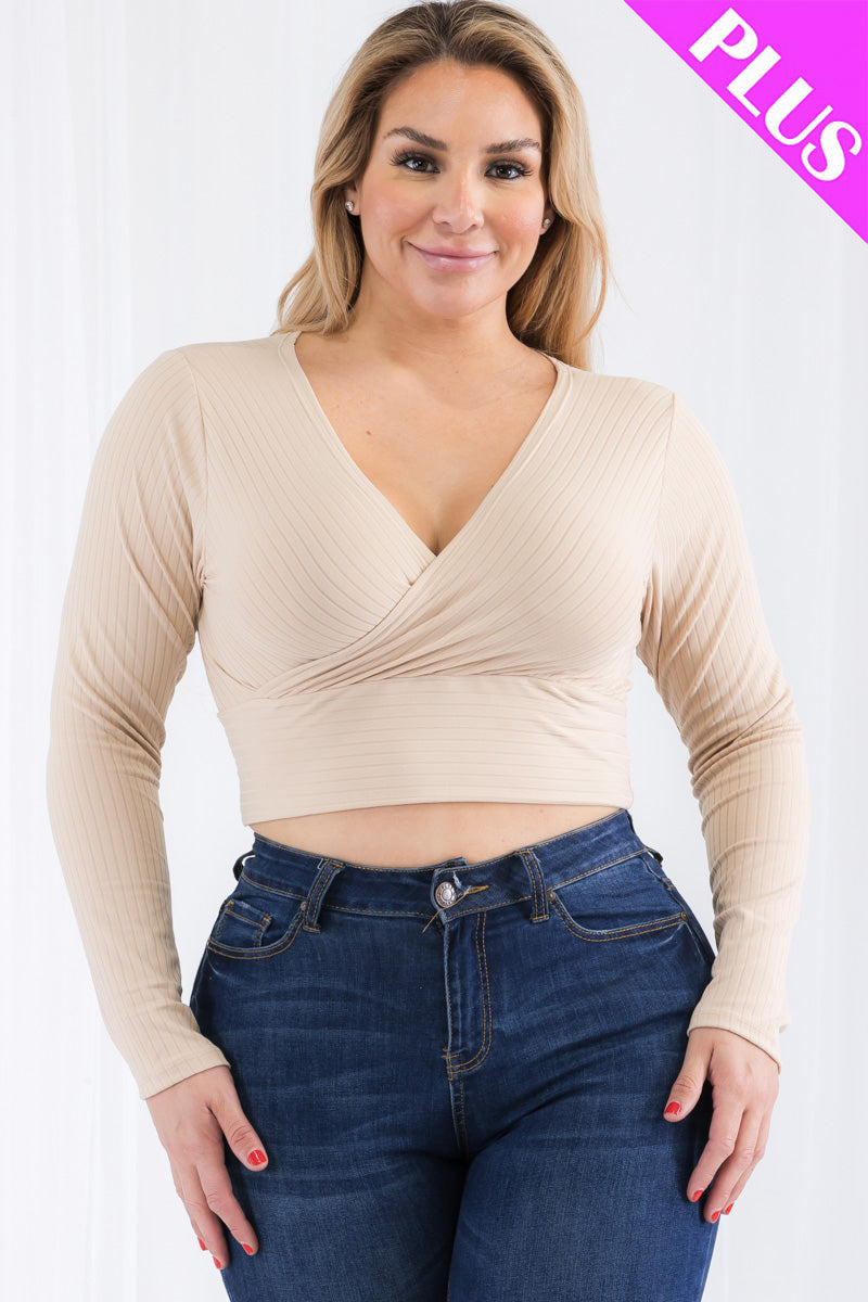 Plus Size Ribbed Wrap Front Long Sleeve Top (CAPELLA)-50