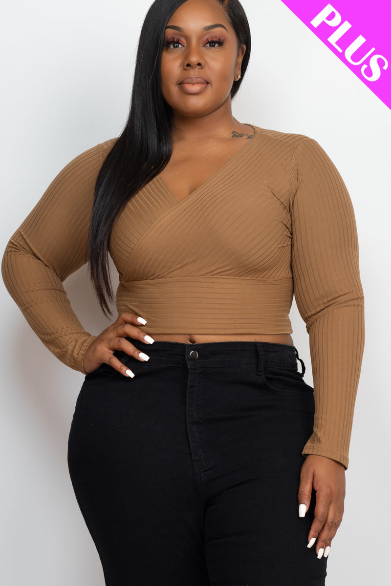 Plus Size Ribbed Wrap Front Long Sleeve Top (CAPELLA)-55