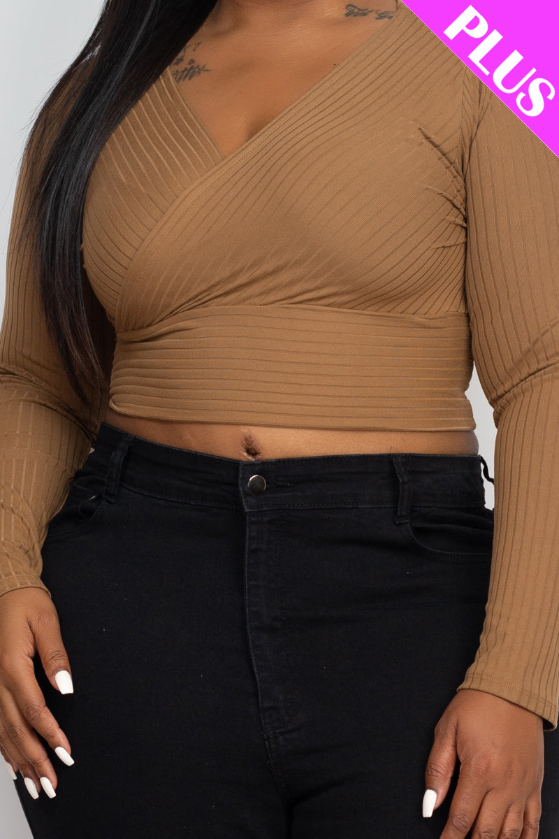 Plus Size Ribbed Wrap Front Long Sleeve Top (CAPELLA)-58
