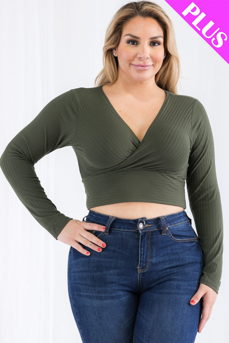 Plus Size Ribbed Wrap Front Long Sleeve Top (CAPELLA)-40