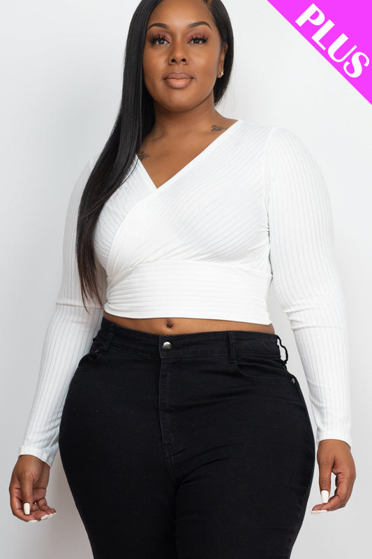 Plus Size Ribbed Wrap Front Long Sleeve Top (CAPELLA)-10