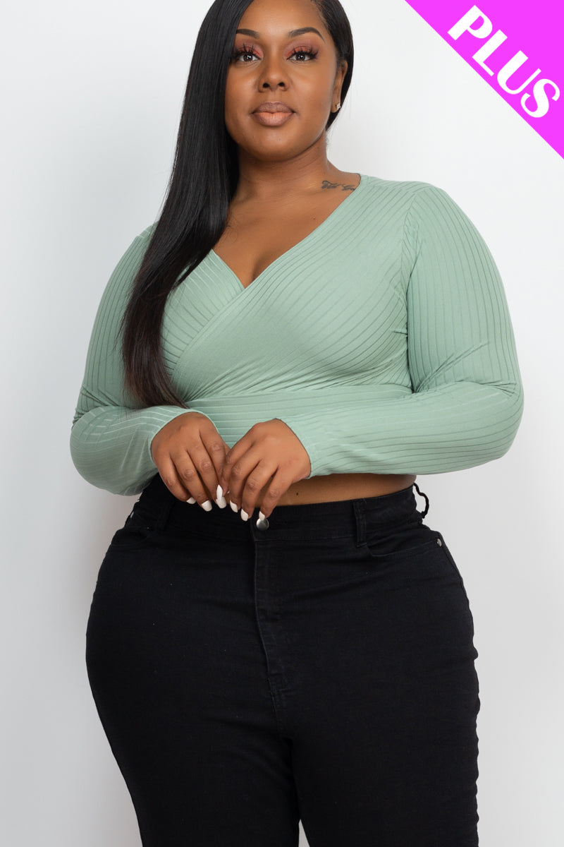 Plus Size Ribbed Wrap Front Long Sleeve Top (CAPELLA)-5