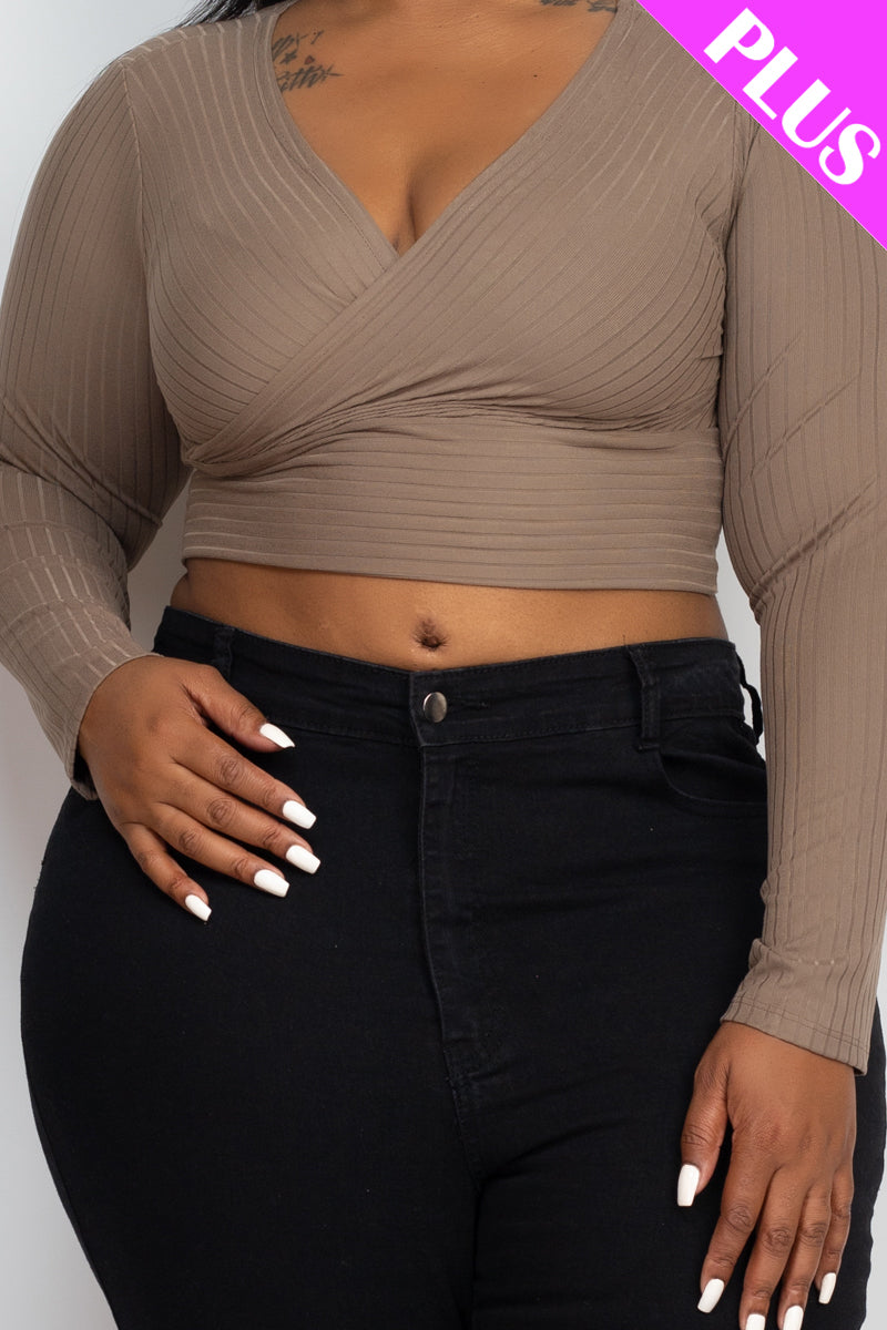 Plus Size Ribbed Wrap Front Long Sleeve Top (CAPELLA)-3