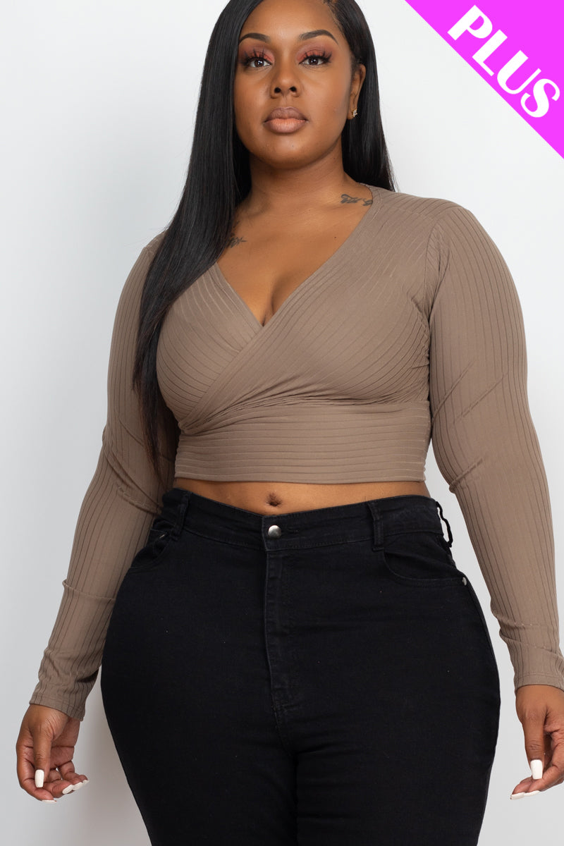 Plus Size Ribbed Wrap Front Long Sleeve Top (CAPELLA)-0