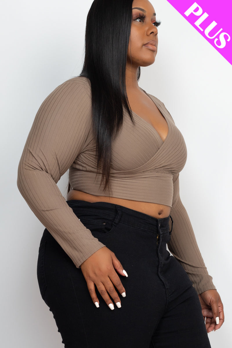 Plus Size Ribbed Wrap Front Long Sleeve Top (CAPELLA)-1