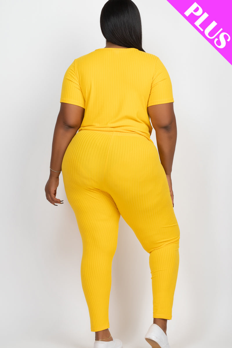 Plus Size Ribbed Short Sleeve Top & Leggings Set-7