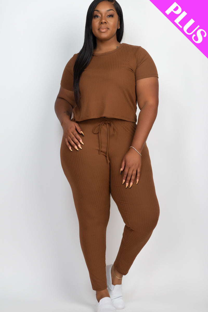 Plus Size Ribbed Short Sleeve Top & Leggings Set-10