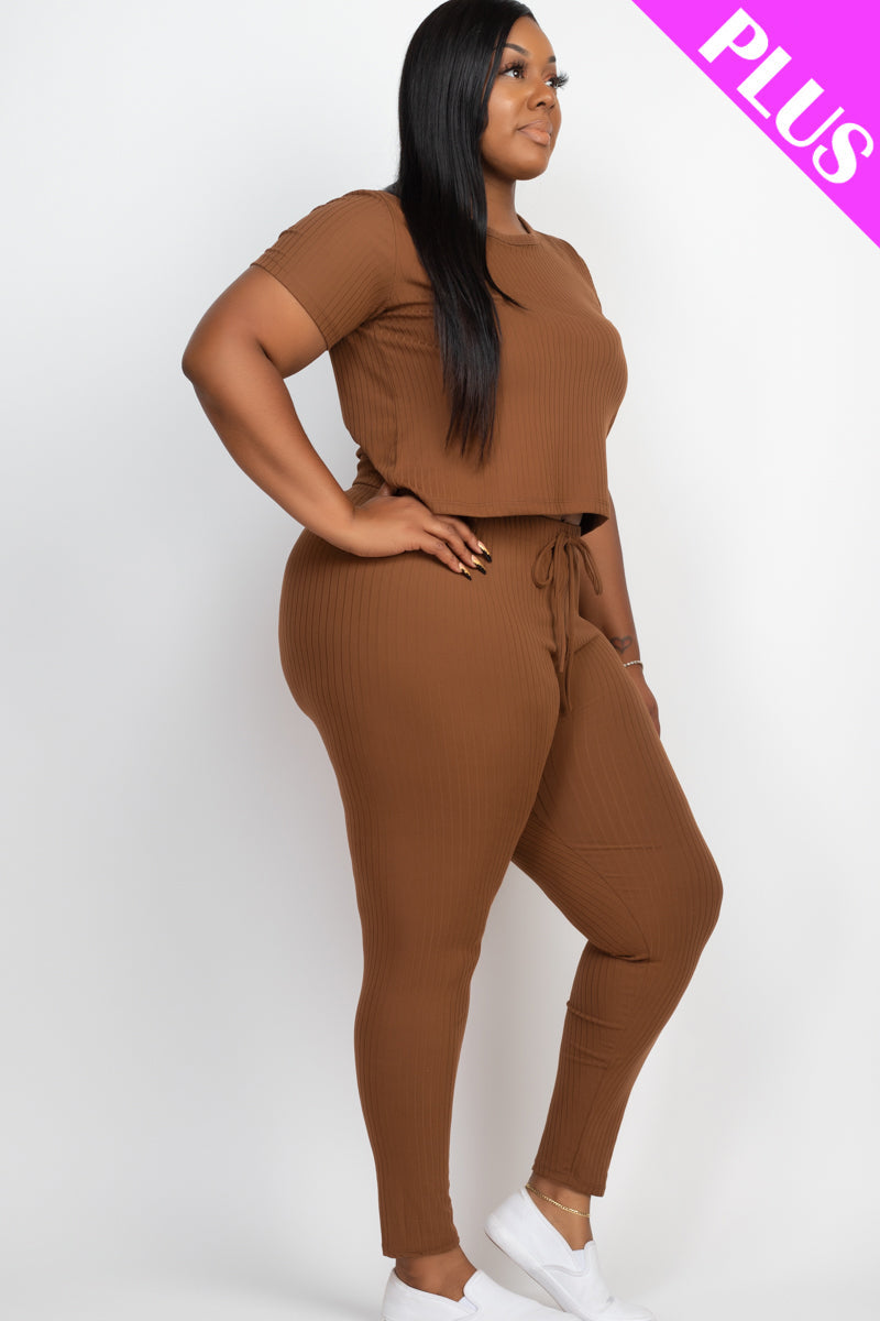 Plus Size Ribbed Short Sleeve Top & Leggings Set-11