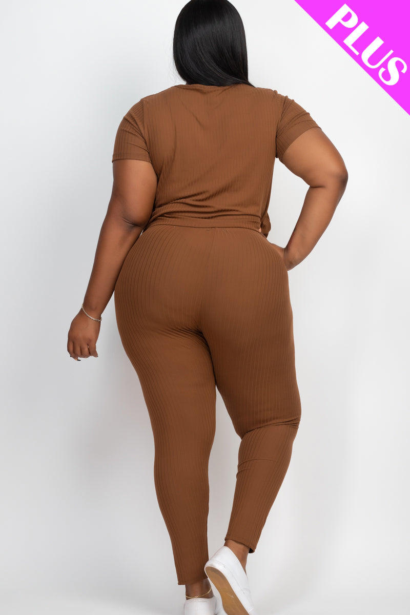 Plus Size Ribbed Short Sleeve Top & Leggings Set-12