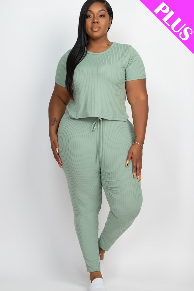 Plus Size Ribbed Short Sleeve Top & Leggings Set-15