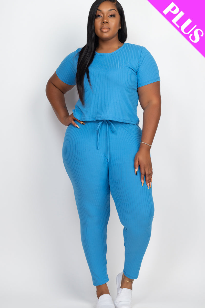 Plus Size Ribbed Short Sleeve Top & Leggings Set-20