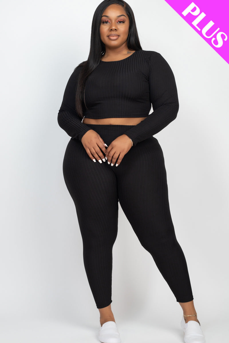 Plus Size Ribbed Long Sleeve Crop Top & Leggings Set (CAPELLA)-14