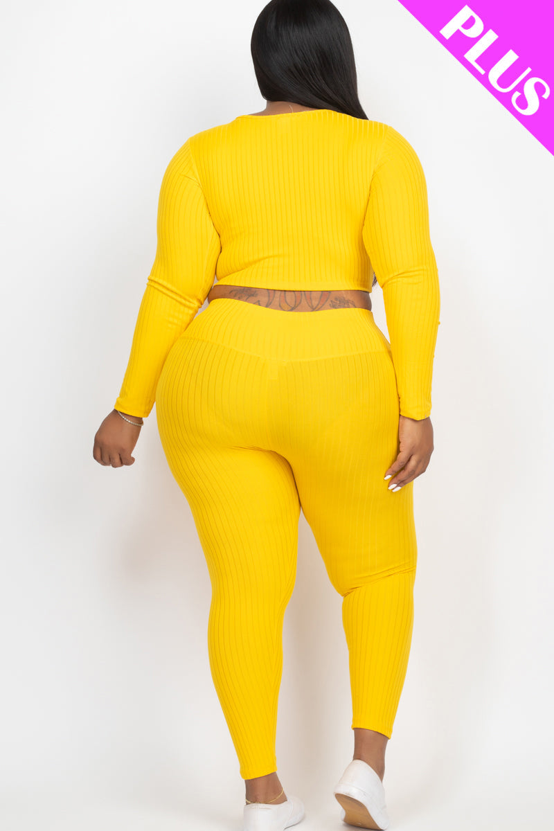 Plus Size Ribbed Long Sleeve Crop Top & Leggings Set (CAPELLA)-17