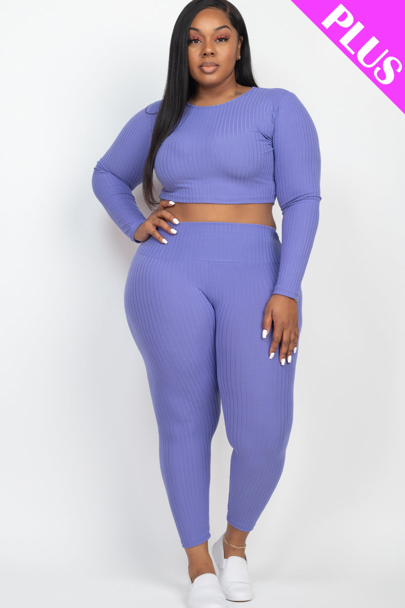 Plus Size Ribbed Long Sleeve Crop Top & Leggings Set (CAPELLA)-4