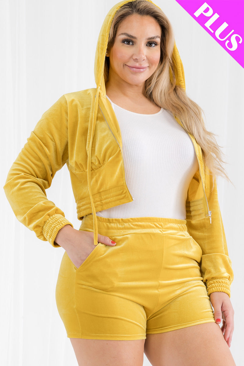 Plus Size Velour Crop Zip Up Hoodie and Shorts Set (CAPELLA)-18