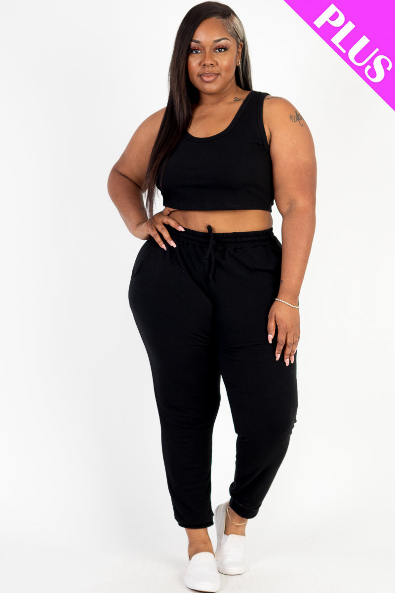 Plus Size French Terry Cropped Tank Top & Joggers Set (CAPELLA)-30