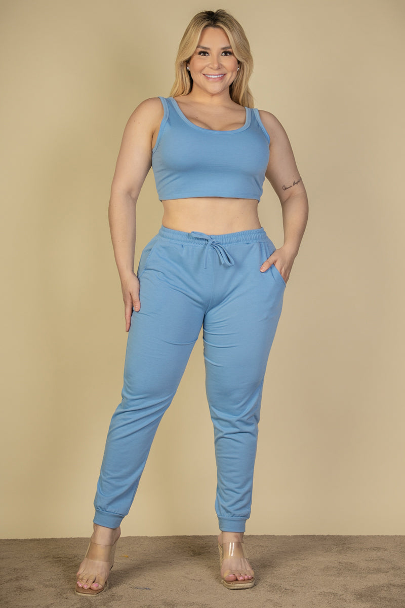 Plus Size French Terry Cropped Tank Top & Joggers Set (CAPELLA)-0