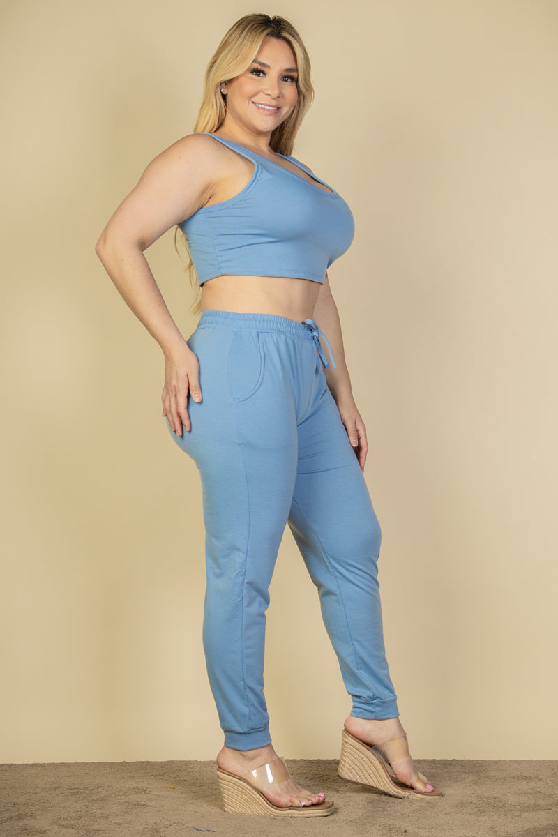 Plus Size French Terry Cropped Tank Top & Joggers Set (CAPELLA)-1