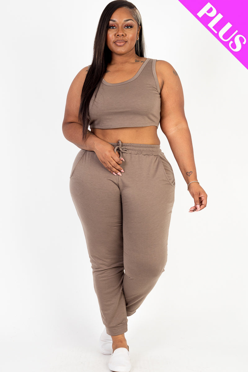 Plus Size French Terry Cropped Tank Top & Joggers Set (CAPELLA)-19