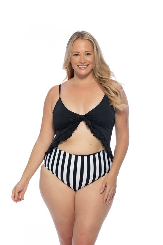 BLACK AND STRIPED CUTOUT ONE PIECE SWIMSUIT