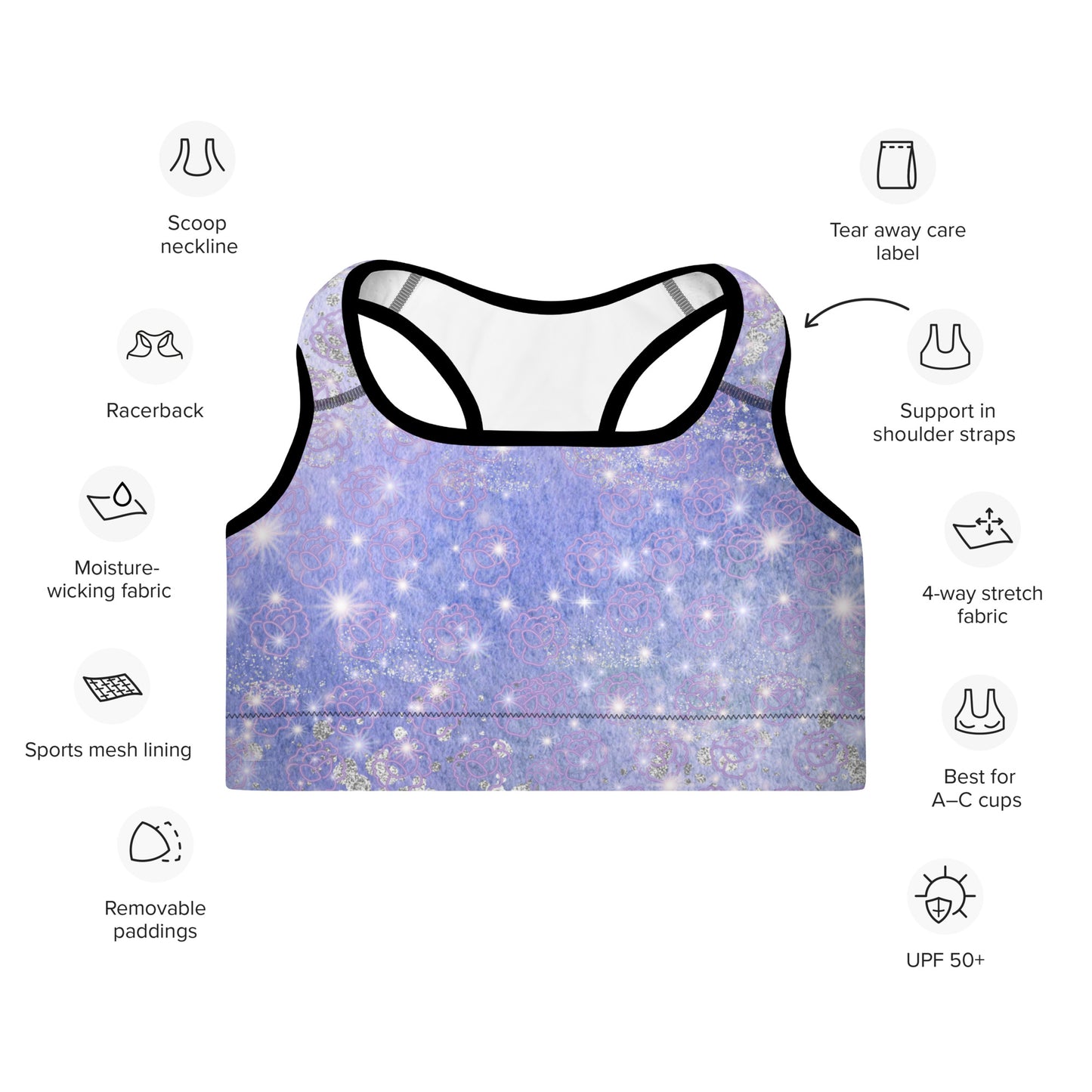 Padded Sports Bra - soft moisture-wicking fabric - Scoop neckline and racerback- from Lavender Orbit Collection