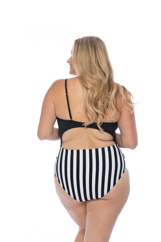 BLACK AND STRIPED CUTOUT ONE PIECE SWIMSUIT