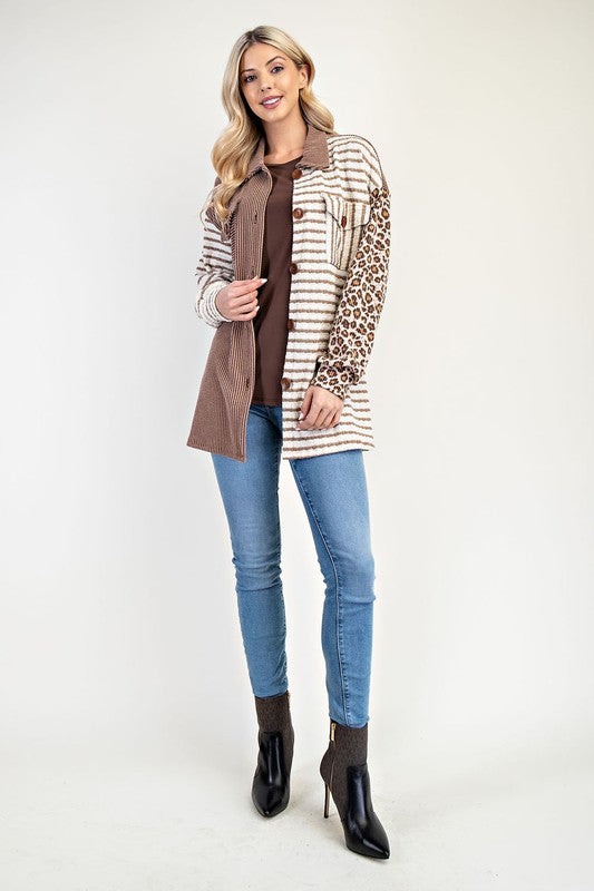 Celeste Full Size Leopard Contrast Button Up Jacket